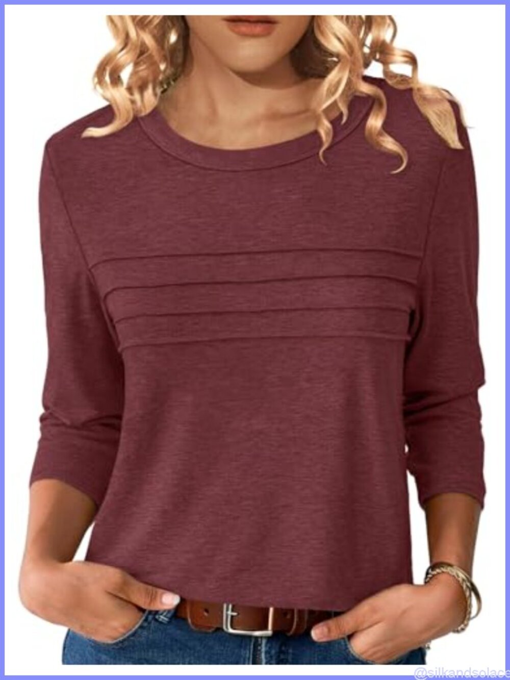 Women's 3/4 Sleeve Pleated Tunic Top Crew Neck Dressy Casual Blouse